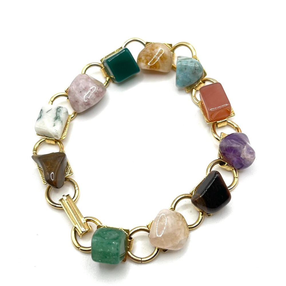 Vintage Gold Tone Link Chain Semi-Precious Natural Stone Chip Bracelet